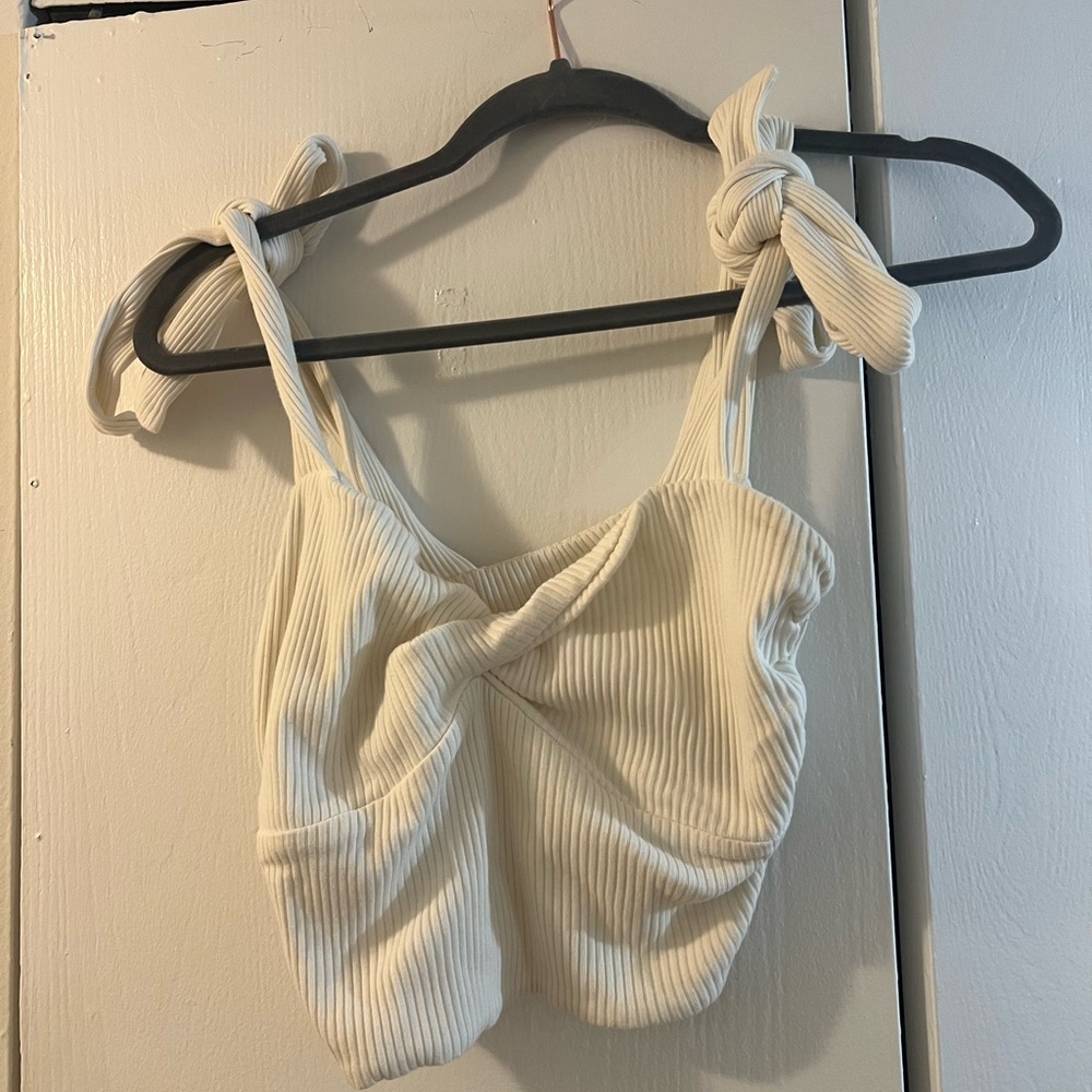 Superdown Cream Ribbed Crop Tank Top